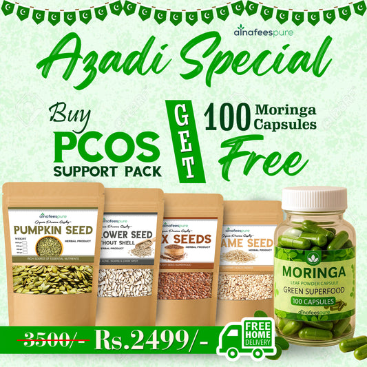 Buy PCOS Support Pack 💊 & Get 100 Moringa Capsules – FREE!   (Sesame Seeds + Flax Seeds + Sunflower Seeds + Pumpkin Seeds) 250g each