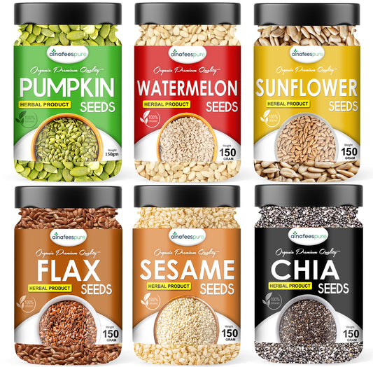 Super Seeds Combo Pack of Pumpkin, Sun Flower, Watermelon, Sesame, Chia, Flax | 900 Grams (150 Grams X 6) | Mix Seeds for Eating